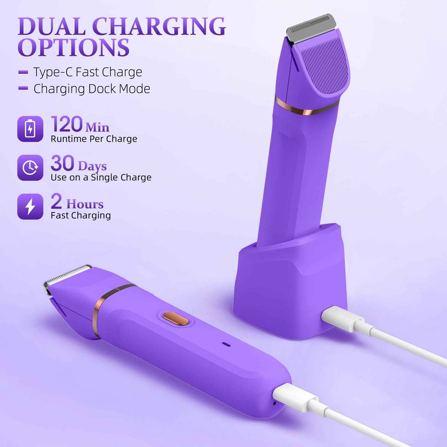 HOHOLE 5-in-1 Bikini Trimmer for Women, IPX7 Waterproof Electric Razors Shaver, Cordless Body Hair Trimmer, Facial & Pubic Hair Removal, Ceramic Blade (Light Purple)