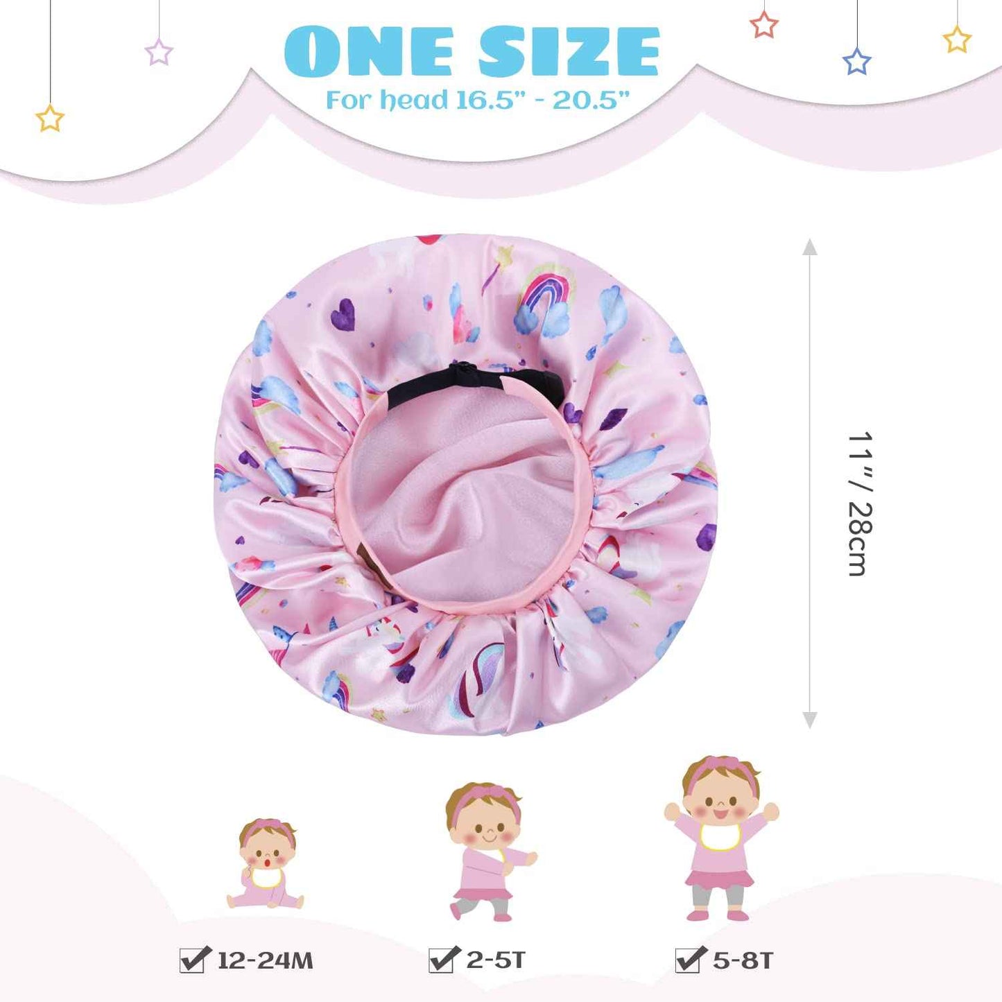 Hat Hut Kids Satin Bonnet Sleep Cap for Curly Hair Adjustable Silk Hair Cap for Baby Sleeping Hair Bonnet for Toddler Child (Unicorn 2)
