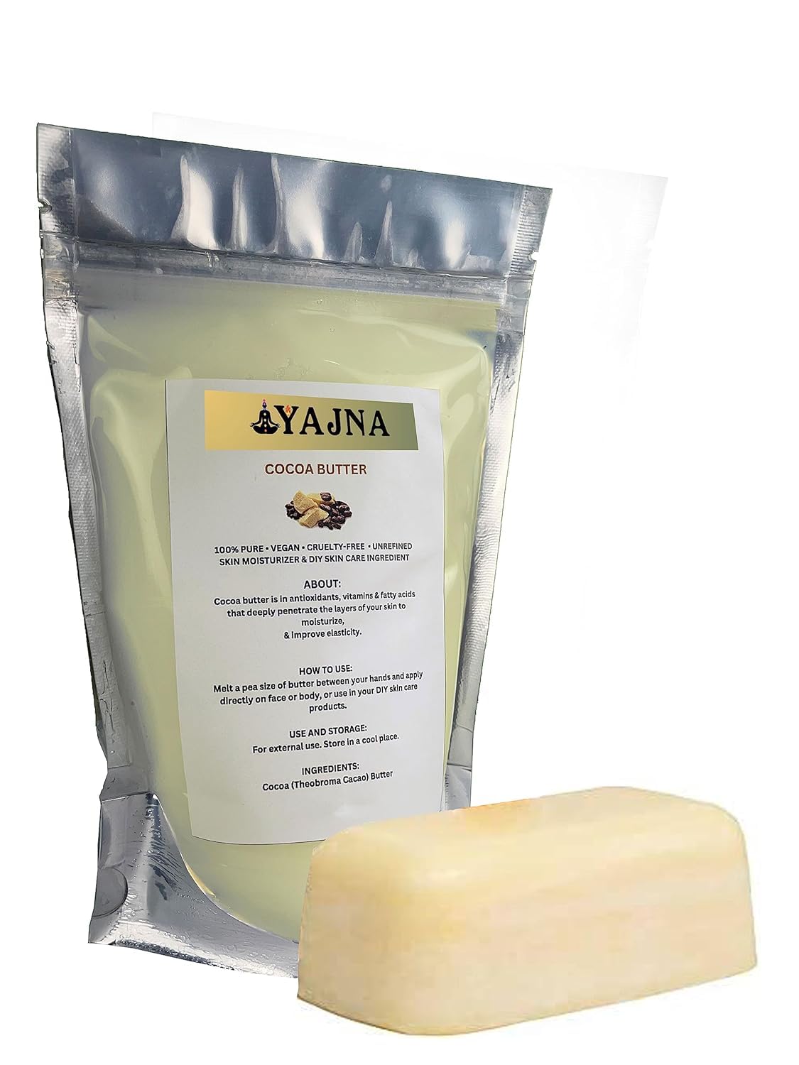 Yajna Organic Raw Cocoa Butter 100% Pure,Natural & Unrefined| Skin Moisturizer For Face, Body & Hair| 4 OZ/115 GM Ivory/White Grade A | DIY Creams, Balms, Lotions, Soaps| Softens Dry & Tough Skin