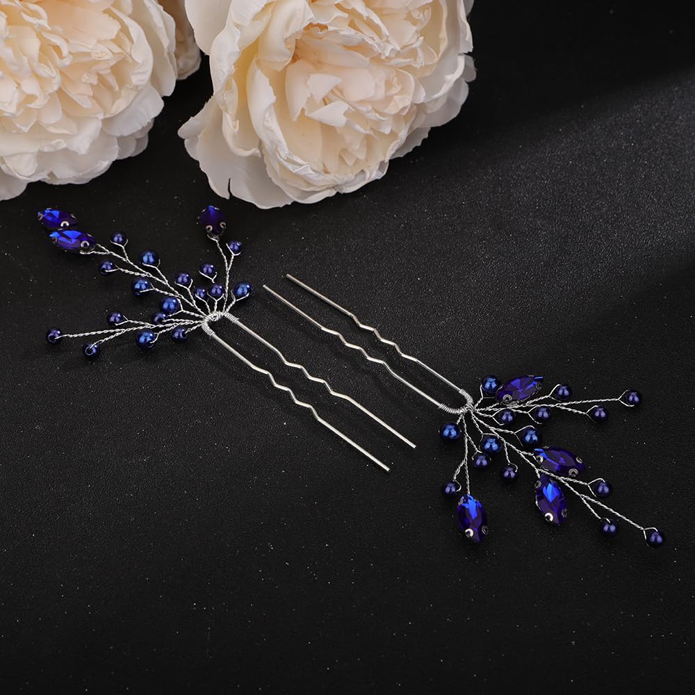 Teyglen 3pcs Crystal Pearl Bridal Hair Pins Blue Pearl Bride Wedding Hair Pins Set for Bride Wedding Hair Accessories Handmade Red Black Blue Pearl Hair Pieces for Women Bridesmaid Girls (Blue)