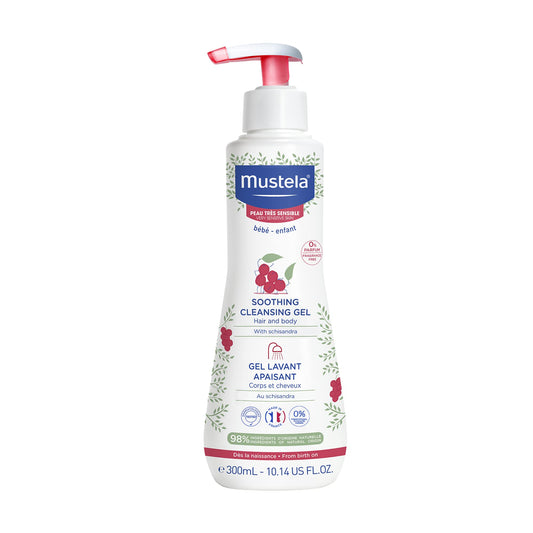 Mustela Baby Soothing Cleansing Gel - Fragrance-Free Hair & Body Wash for Very Sensitive Skin - with Natural Avocado Perseose & Schizandra Berry - 10.14 fl. oz.