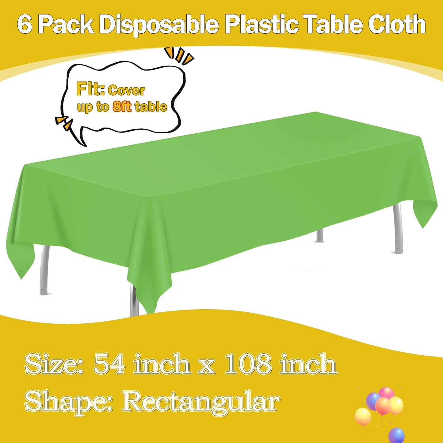 tujol Lime Green 6 Pack Plastic Table Cloth 54" x 108", Disposable Tablecloths Rectangle Table Cover, Plastic Table Cloths for Parties