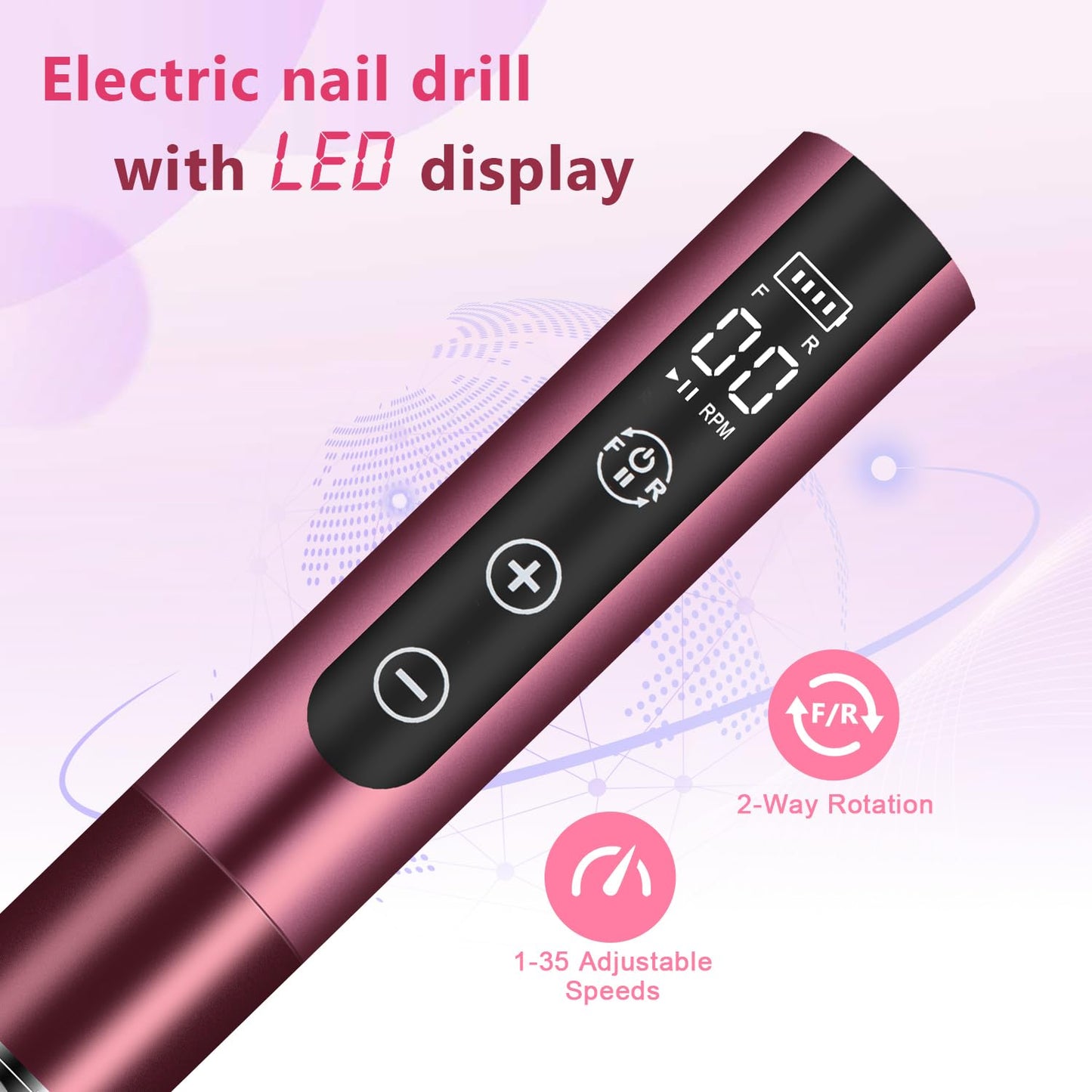 Electric Nail Drill File, Portable Rechargeable Electric File Nail Drill Machine Kit Manicure Pedicure Tools Polishing Set with Nail Drill Bits Sanding Bands (Red)