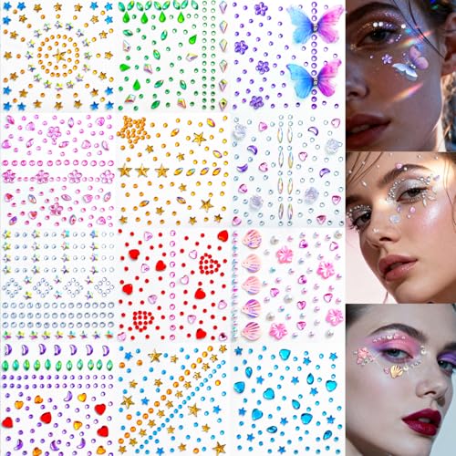 Face Gem Stickers - 12 Sheets Self-Adhesive Rhinestones