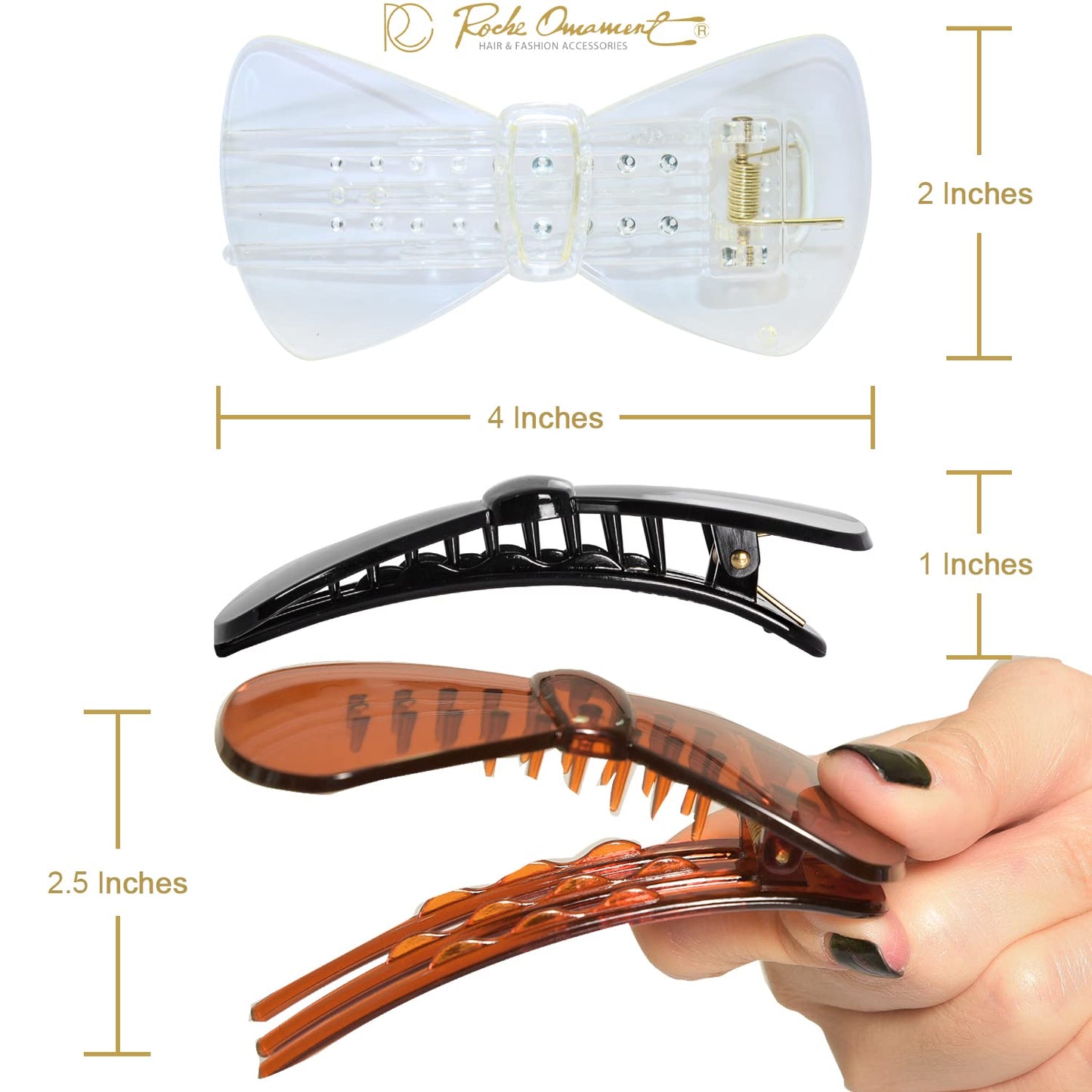 RC ROCHE ORNAMENT 6 Pcs Womens French Barrette Cute Flat Ribbon Bow Styling Strong Hold Firm Grip Teeth Side Slide Beauty Fashion Accessory Plastic Hair Clips Clamp, Medium Clear Brown and Black