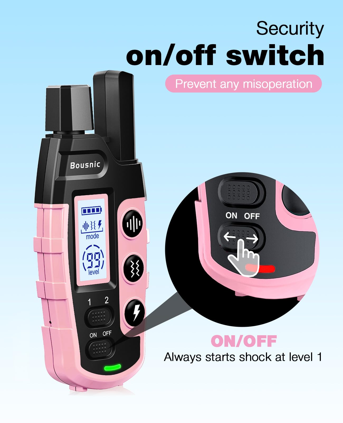 Bousnic Dog Shock Collar - 3300Ft Dog Training Collar with Remote for 5-120lbs Small Medium Large Dogs Rechargeable Waterproof e Collar with Beep (1-8), Vibration(1-16), Safe Shock(1-99) (LightPink)