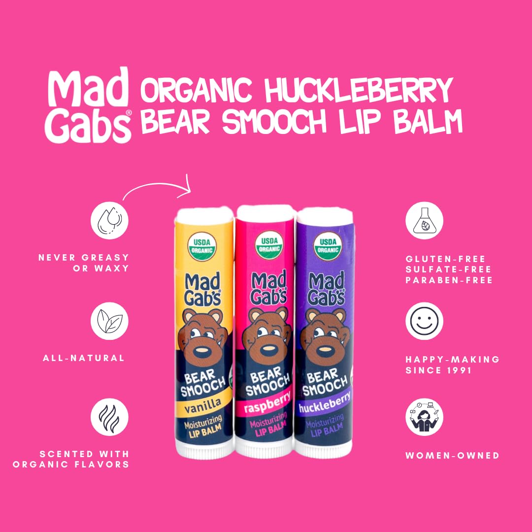 Mad Gab's Bear Smooch Assorted Lip Balm 3pk | Moisturizing and Certified Organic | Made with Organic Olive Oil and Beeswax