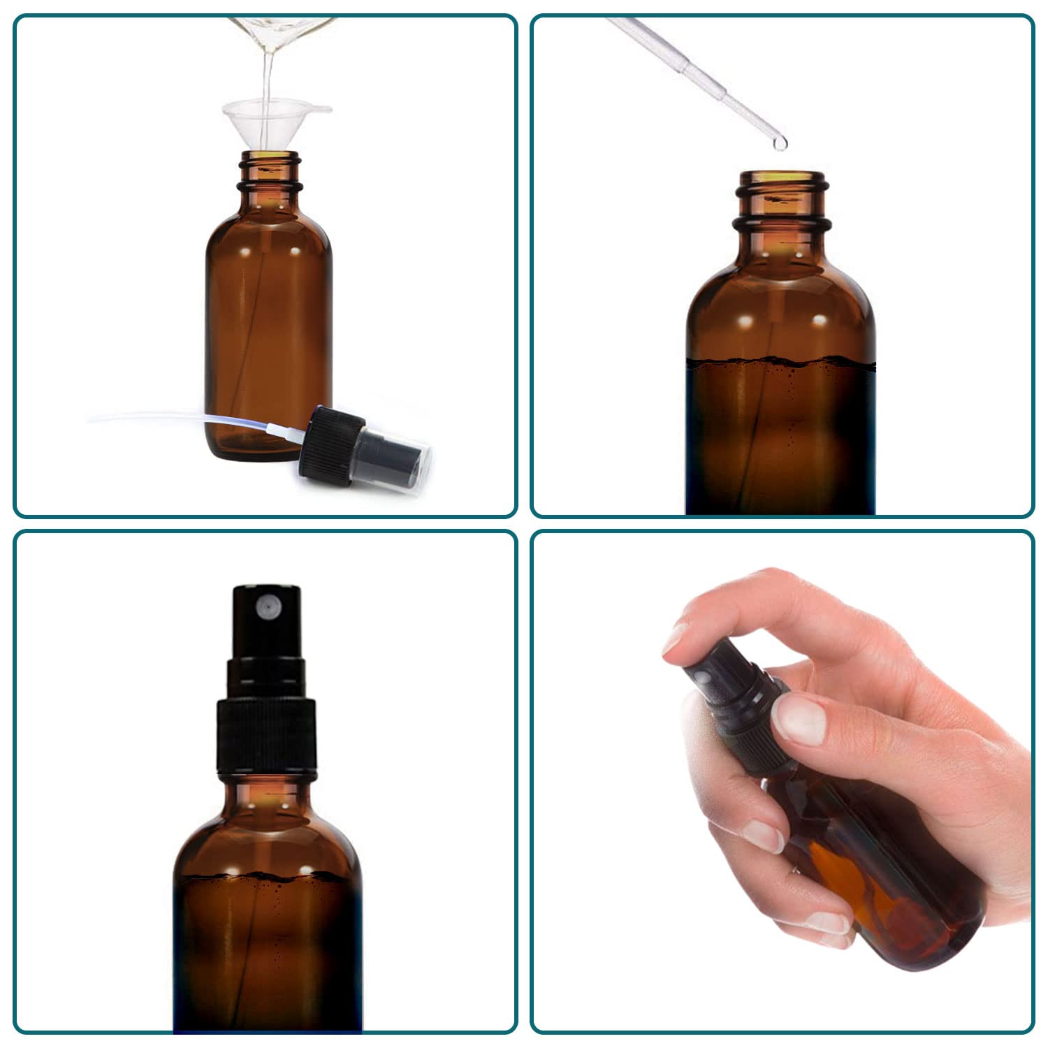 YUNFOOK 4 oz Amber Glass Spray Bottles for Essential Oils, Small Empty Fine Mist Spray Bottle,4 Pack with Funnel Dropper