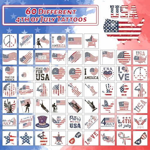 120 Pcs Patriotic Temporary Tattoos - 60 Designs, Waterproof