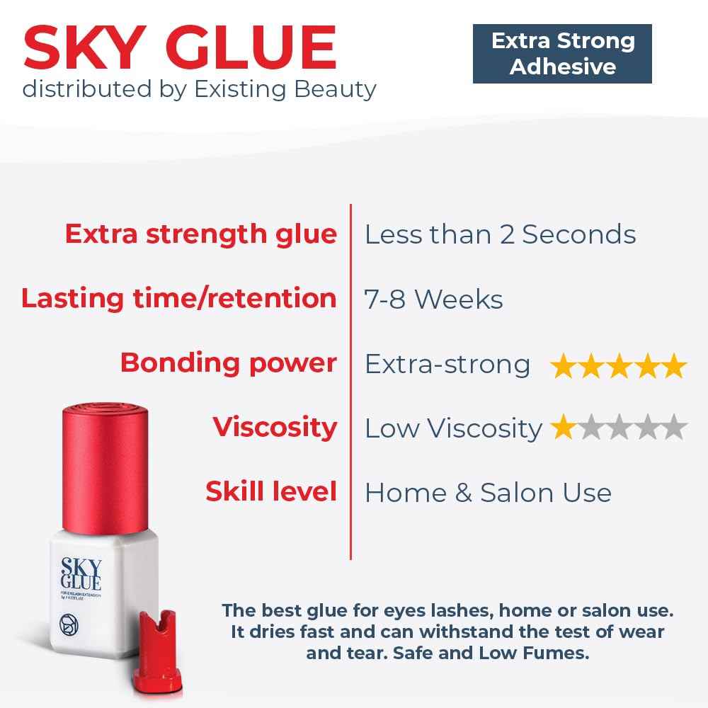 Sky Glue S+ Eyelash Extension Glue - Extra Strong Lash Extensions Adhesive Bond with 6-7 Weeks Retention and 1-2 Sec Dry Time, Long Lasting Semi Permanent Black Glue - 5 ml