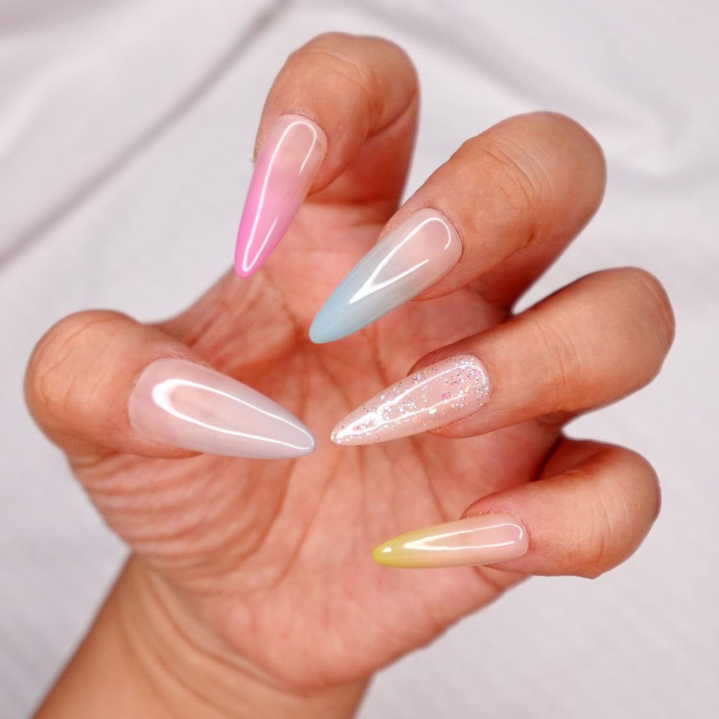 10 Pcs Handmade Press on Nails (Large, Dreamland - Nude Pastel French Ombre Tip with Glitter Bling Out/Stiletto) A116L