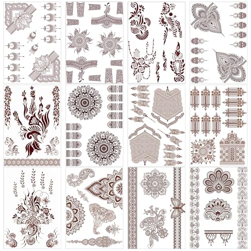 Henna Temporary Tattoos - 12 Sheets Waterproof Lace Mandala Stickers