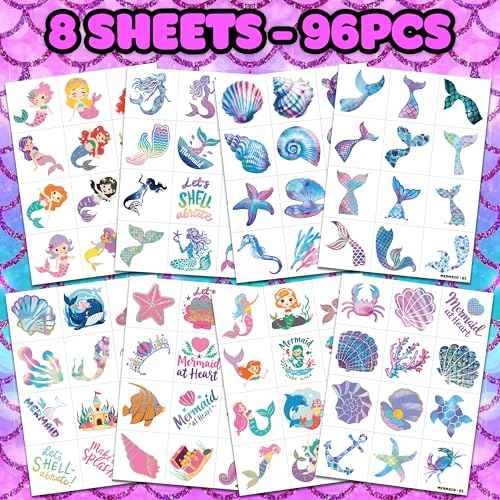 96 PCS Mermaid Ocean Sea Pre-Cut Temporary Tattoos for Kids | Super Cute Themed Birthday Party Favors, Supplies, Decorations, Purple Fake Tattoo Stickers (Multiple)