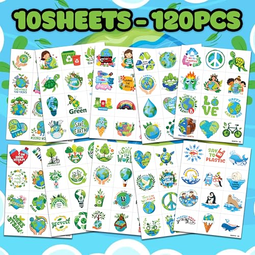 120 PCS Earth Day Temporary Tattoos for Kids | Pre-Cut Stickers
