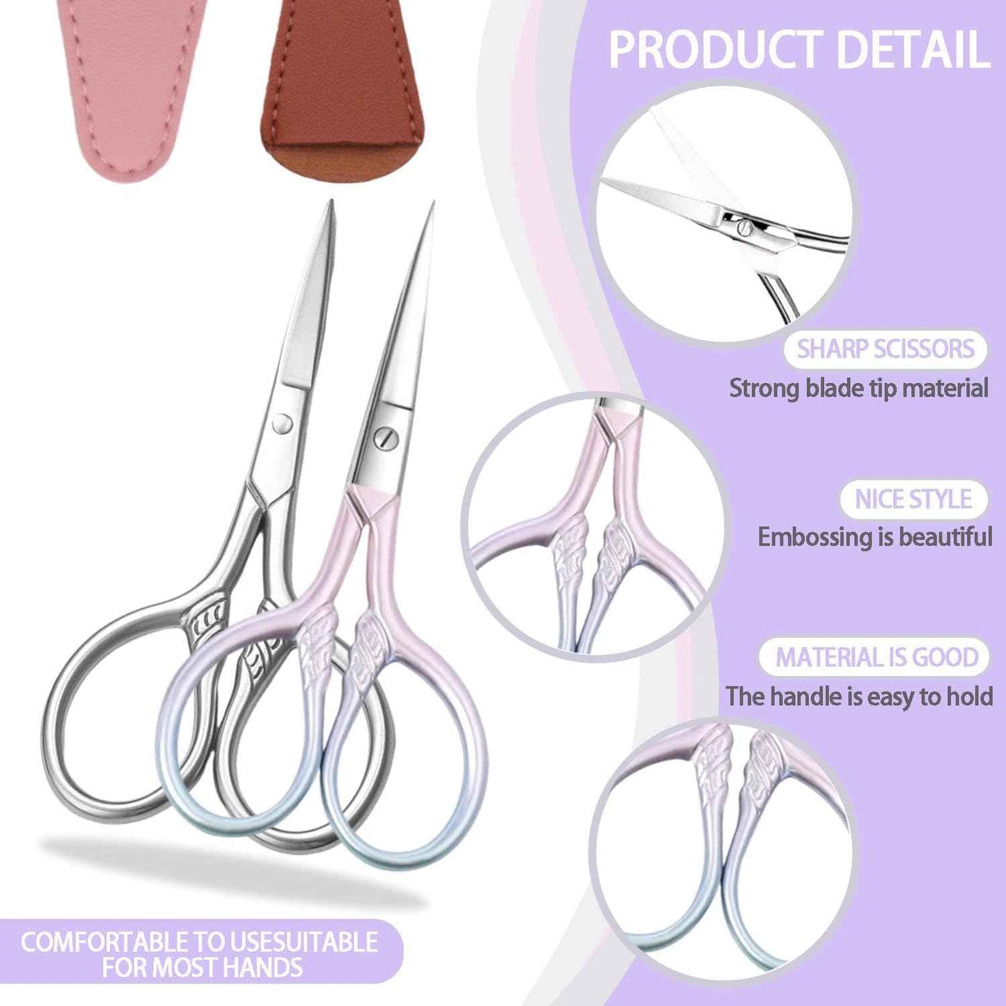2 Pcs Eyebrow Scissors for Women Men, 3.5 Inch Professional Beauty Mini Scissors, Suitable for Facial Hair, Eyebrows, Beards, Ears, Nose and Beards, Stainless, Steel Straight Head(Pink and Silver)