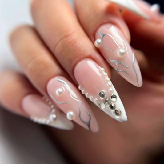 YOSOMK French Tip Medium Fake Nails Almond Press on Nails with 3D Rhinestone Designs Luxury Pearl Glossy False Nails Artificial Stick on Nails for Women