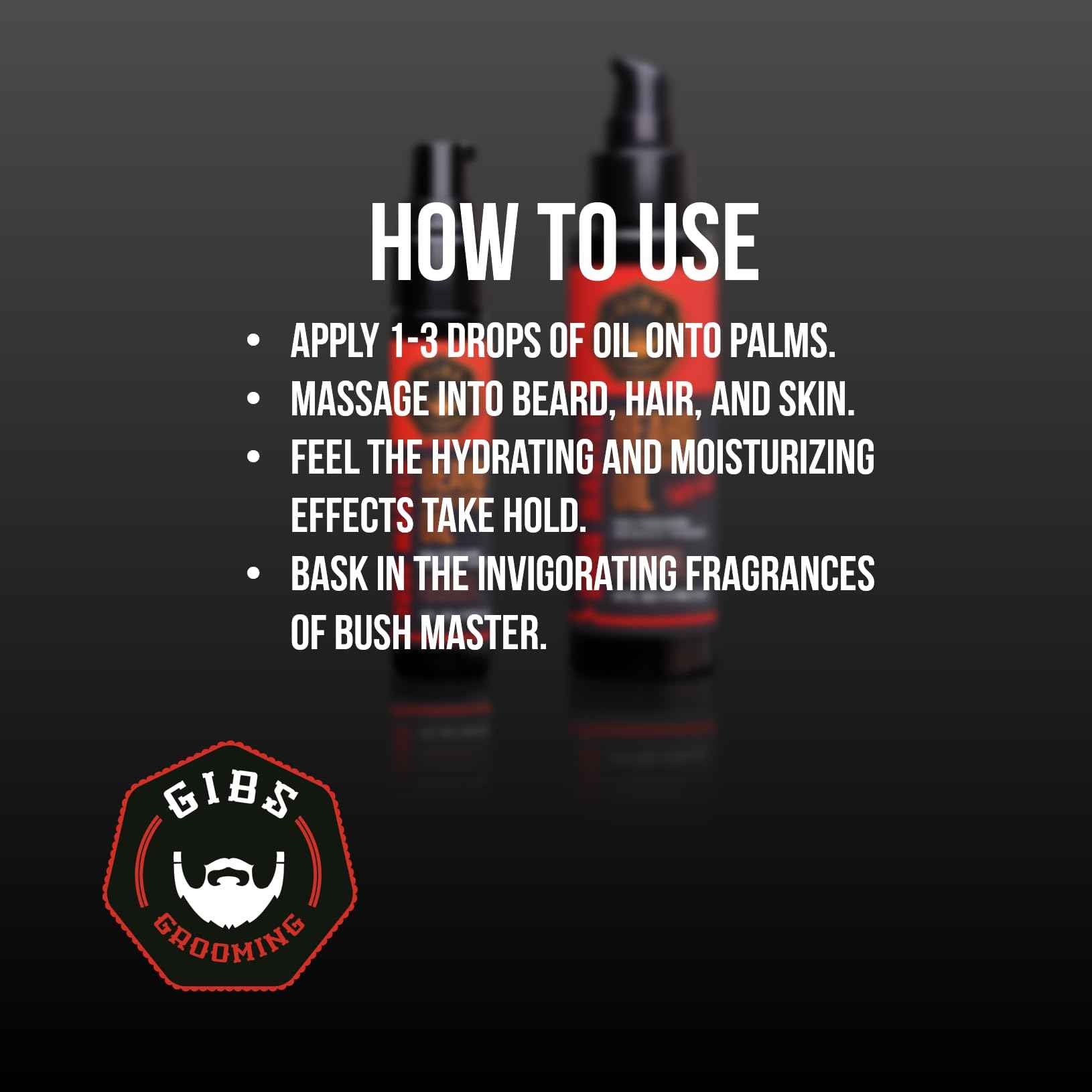 GIBS GROOMING Bush Master Beard, Hair & Tattoo Oil- All-Natural with Nutmeg, Leather, Vanilla & Musk Scent- Softens & Strengthens Beard Growth, Moisturizes Skin, 1 Fl Oz (Pack of 1)