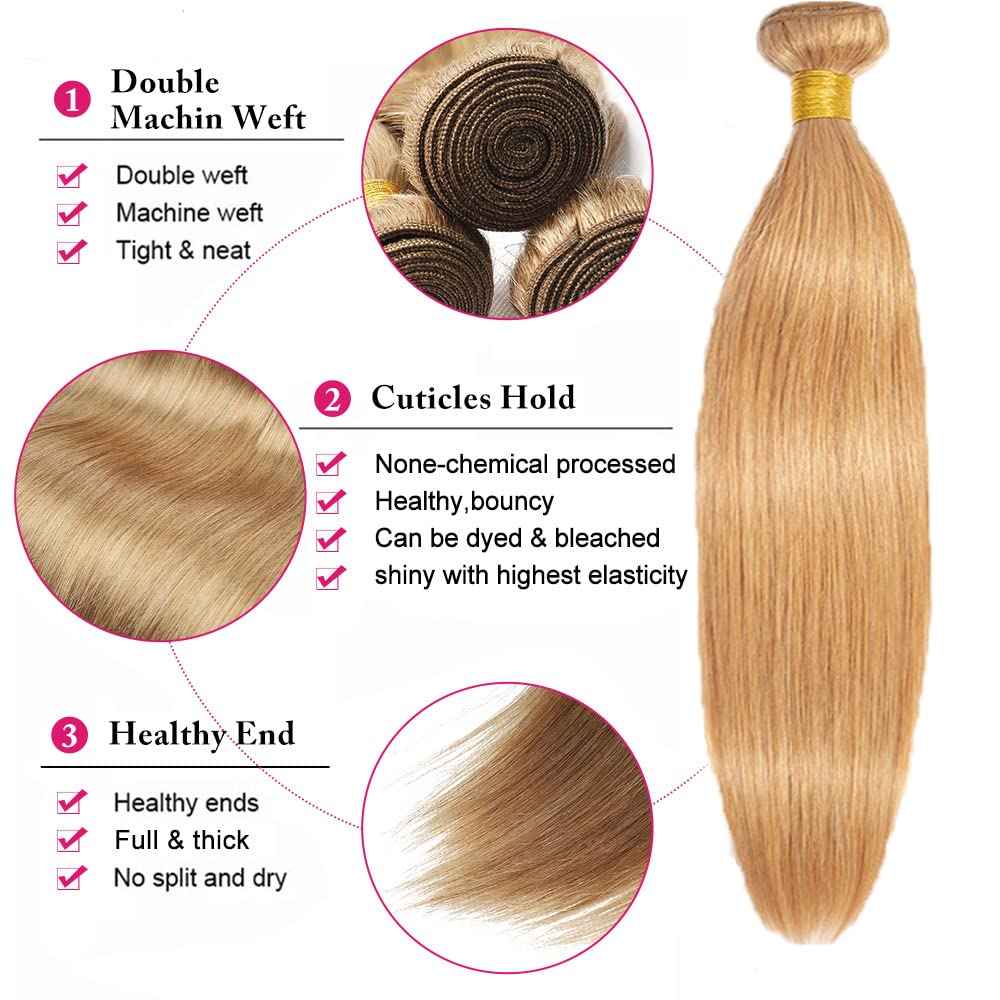 #27 Blonde Bundles Human Hair Straight Bundles 14 16 18 Inch Honey Blonde Straight Bundle Human Hair Extensions Unproceesed Virgin Hair 50 Gram Per Bundle 3 Bundle for Black Women