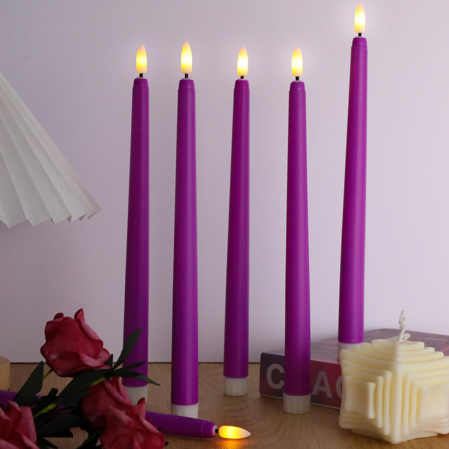 Macarrie 24 Packs Flameless Taper Candles Battery Operated 11 Inch Long Candle Light LED Flameless Candlesticks Fake Candles Flickering Tapered Candles for Wedding, Christmas(Purple)