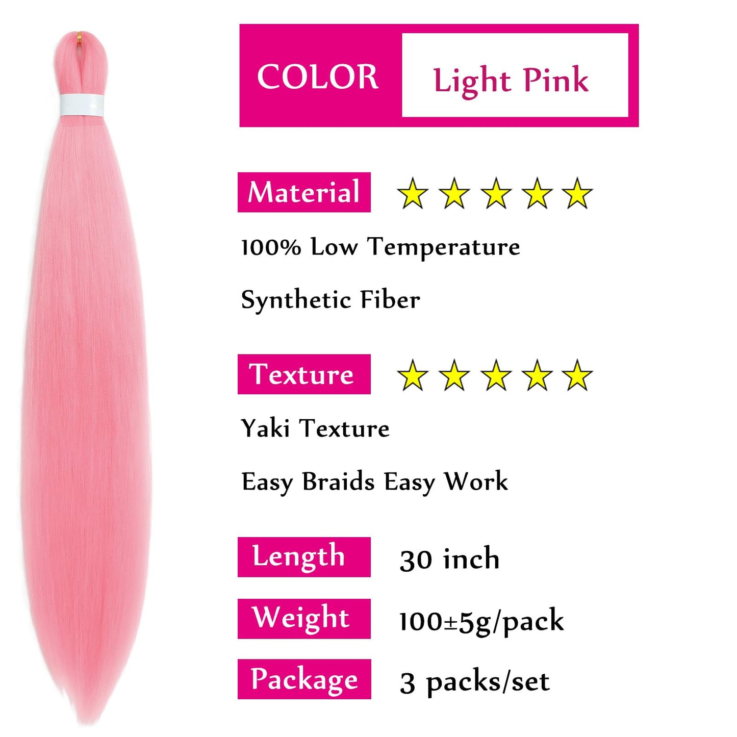 Pink Braiding Hair Pre Stretched Kanekalon Knotless Prestretched Braiding Hair 30 inch Colored Hair Extensions for Braiding Pre Stretched Micro Braids Itch Free Yaki Short Braiding Hair