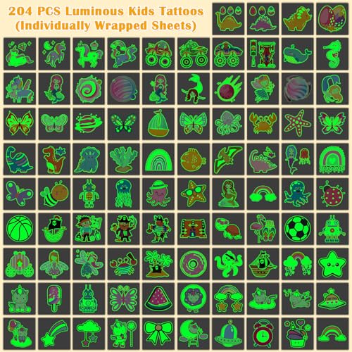 204 Glow Temporary Tattoos for Kids – Individually Wrapped Party Favors