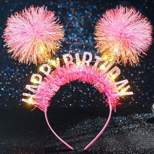 Pink LED Happy Birthday Crown Headband for Women - Glowing Pom Pom Hair Accessory