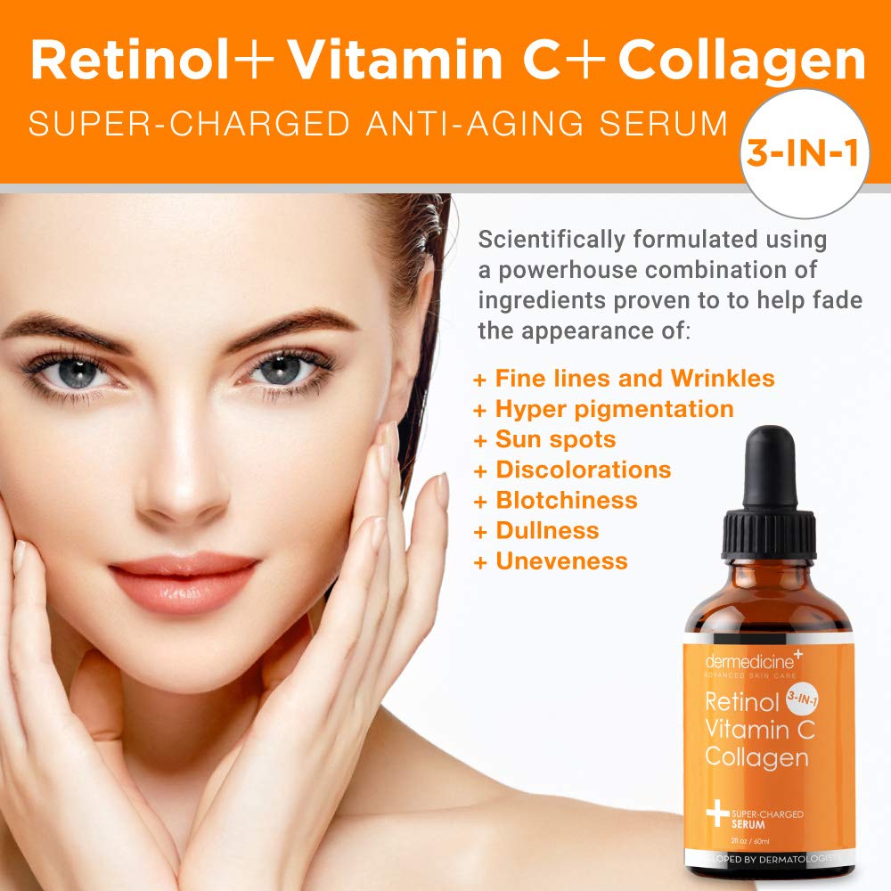 Retinol Vitamin C Collagen | Super Charged Anti-Aging Serum for Face | Pharmaceutical Grade Quality | Helps Smooth & Plump Fine Lines & Wrinkles & Brightens for Younger Skin | 2 fl oz / 60 ml