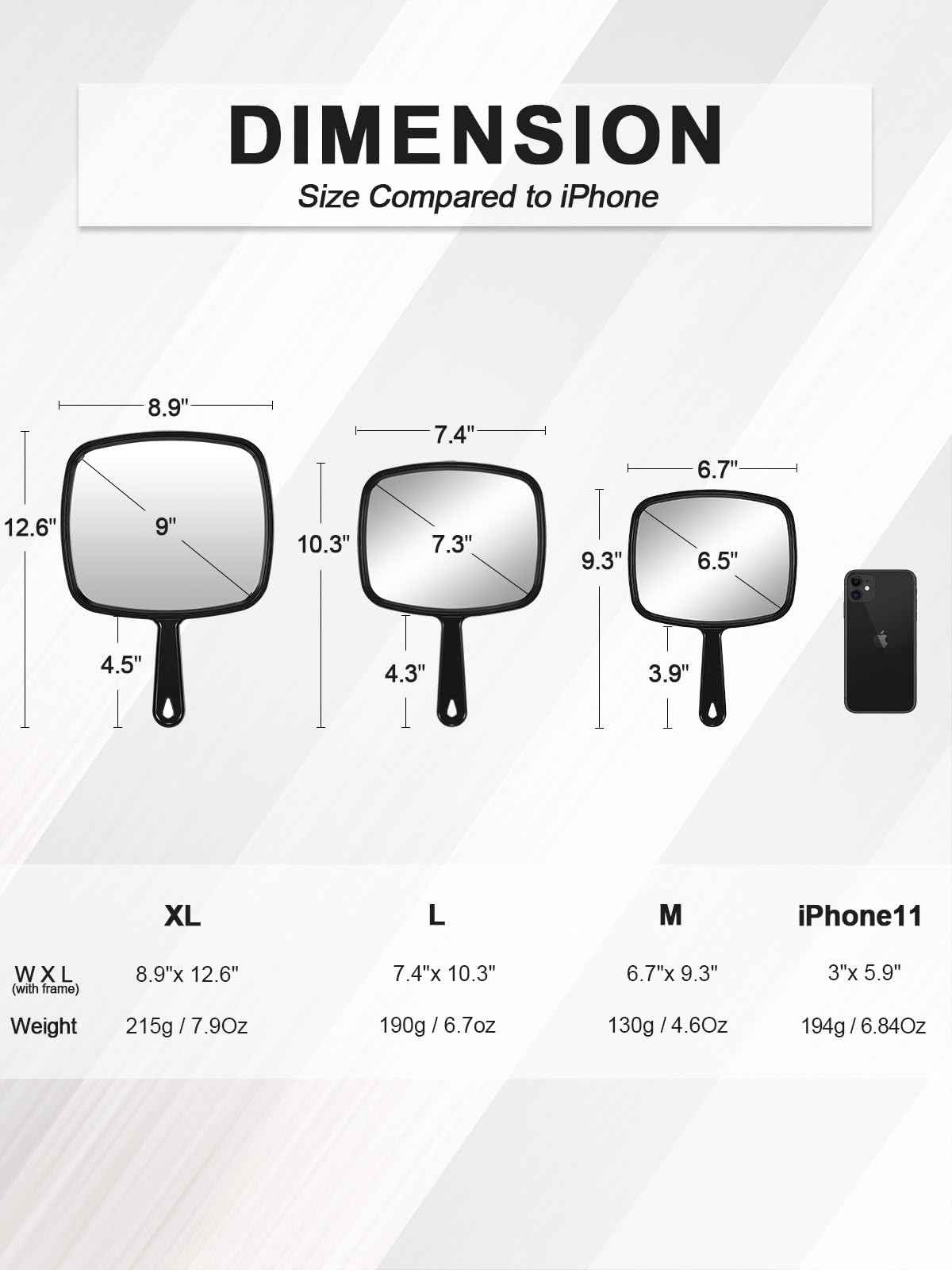 MIRRORNOVA Hand Mirror, Barber Hairdressing Handheld Mirror with Handle for Salon, Square, Black, Medium,Pack of 3