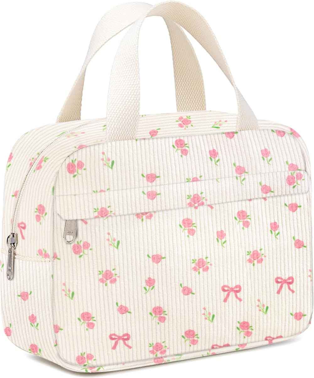 Chicarries Small Makeup Bag for Purse Cute Corduroy Cosmetic Pouch with Zipper Travel Toiletry Bag for Women(Flower bow pink)