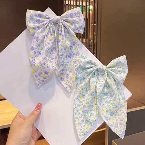 Chiffon Hair Bows for Women Girls,4 PCS Barrette Hair Clip Long Black Ribbon Bows French Style Hair Accessories for Summer (Pink,Yellow,Blue,Purple)
