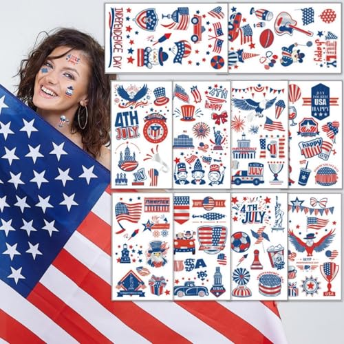 Maigitur Patriotic Temporary Tattoos 10 Sheets for 4th of July Party USA Flag Eagle Star Designs