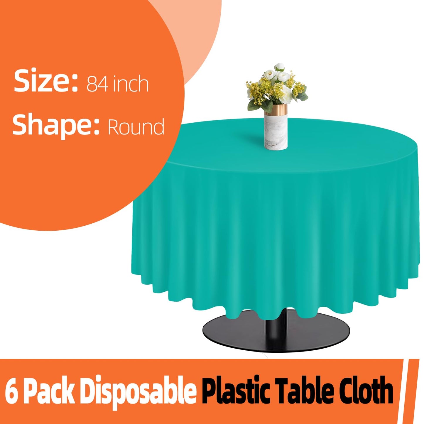 tujol Teal 6 Pack Plastic Table Cloth 84", Disposable Round Tablecloth Table Cover, Plastic Table Cloths for Parties