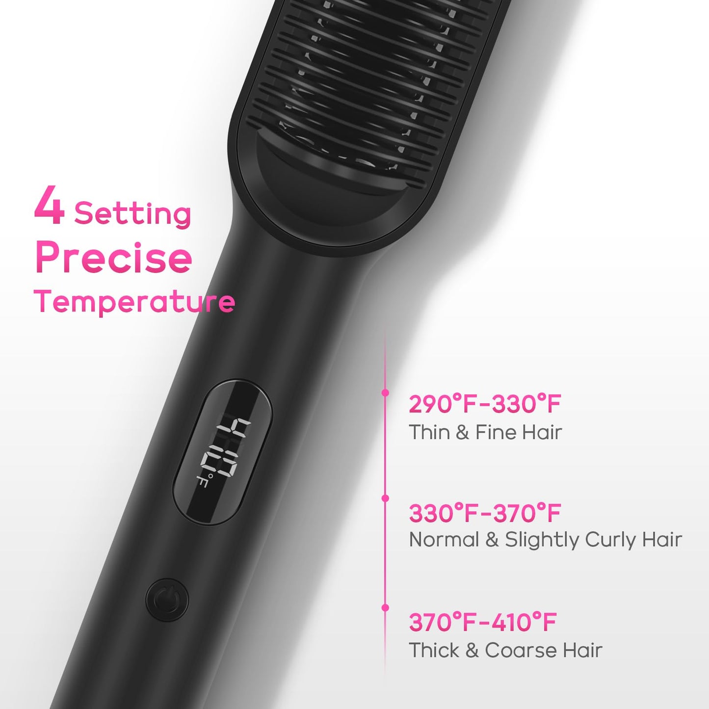 Prizm Hair Straightener Brush, 20s Fast Heating, Negative Ions Hair Straightening Comb with Less Frizz, 4 Temp Settings & LED Display, Anti-Scald Design, Gift for Women, Dual Voltage, Black