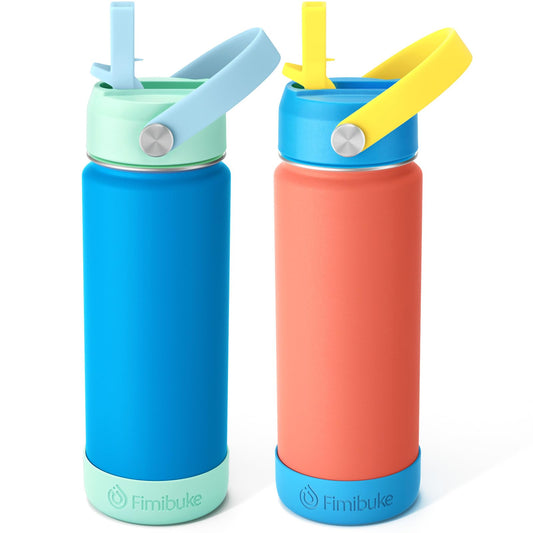 Fimibuke Kids Insulated Water Bottle - 18oz BPA-FREE Kids Cups with Straw Double Wall Vacuum Tumbler 18/8 Stainless Steel Leak Proof Toddler Water Bottle for School Boys Girls (2 Pack, Ocean Life)