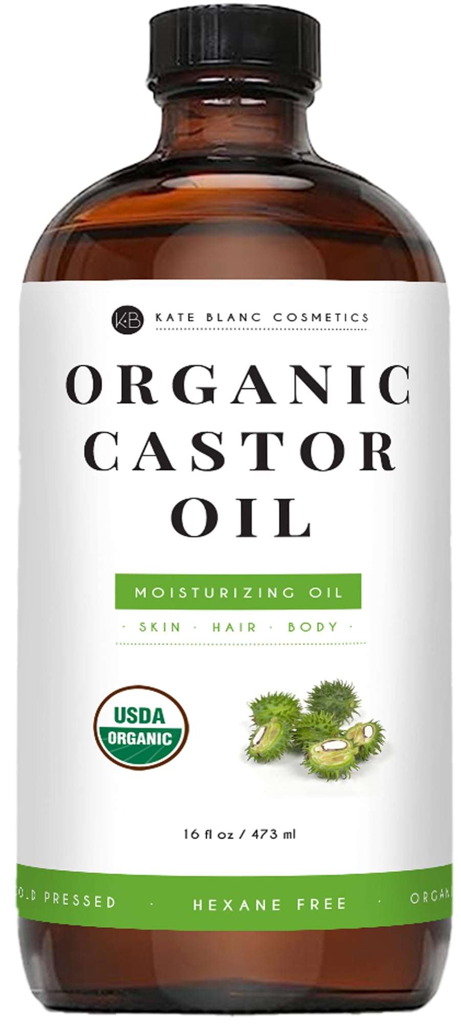 Kate Blanc Cosmetics Castor Oil Organic for Hair Growth & Body (16oz). 100% Pure Cold-Pressed, Hexane-Free Unrefined in Glass Bottle