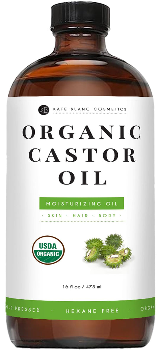 Kate Blanc Cosmetics Castor Oil Organic for Hair Growth & Body (16oz). 100% Pure Cold-Pressed, Hexane-Free Unrefined in Glass Bottle