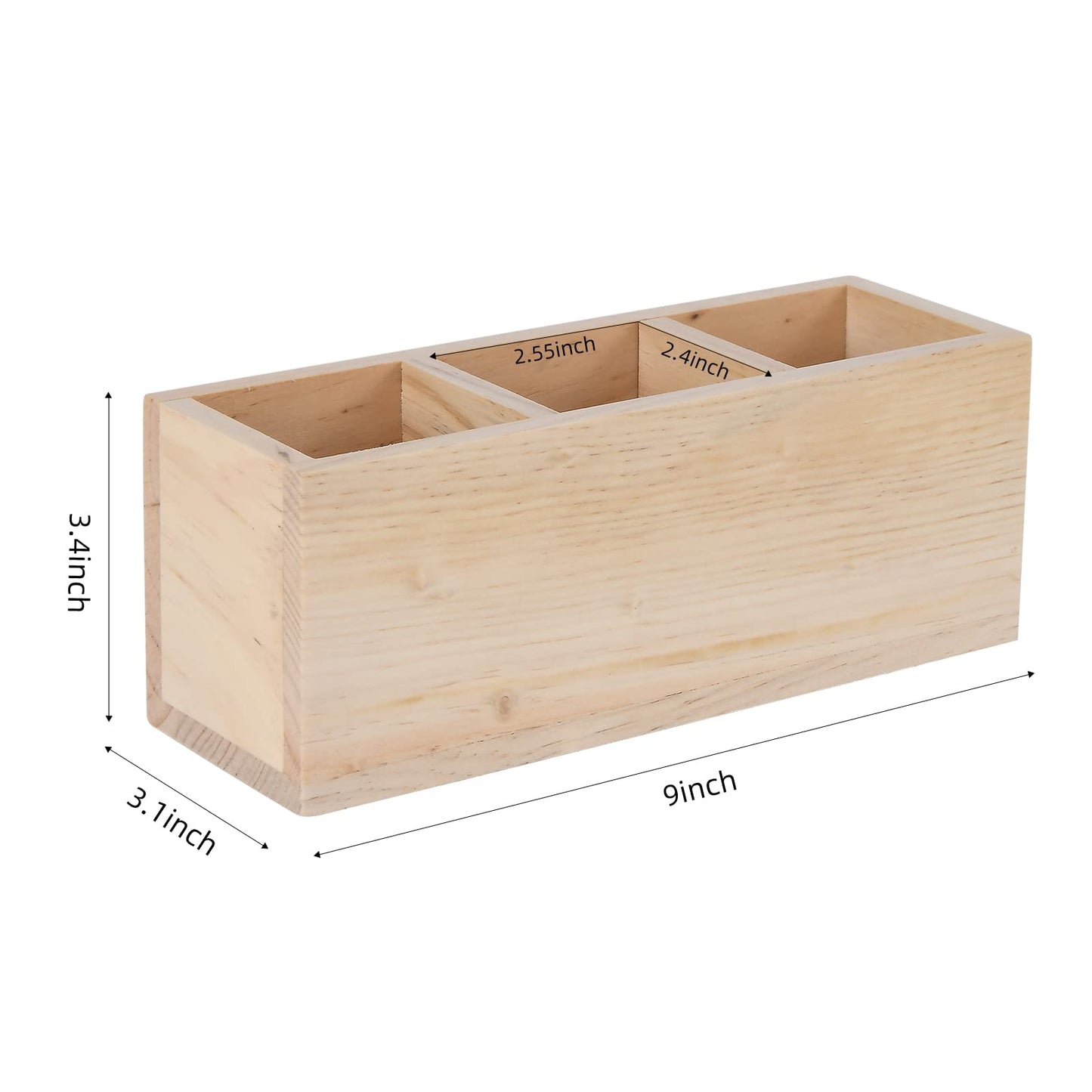 dedoot Wooden Pencil Holder Remote Holder, Unfinished 3 Compartment Wood Desk Organizers Drawer 3 Section, Rustic Remote Control Holder for Desk,School, Home and Office Supplies, 9x3x3.4 Inches