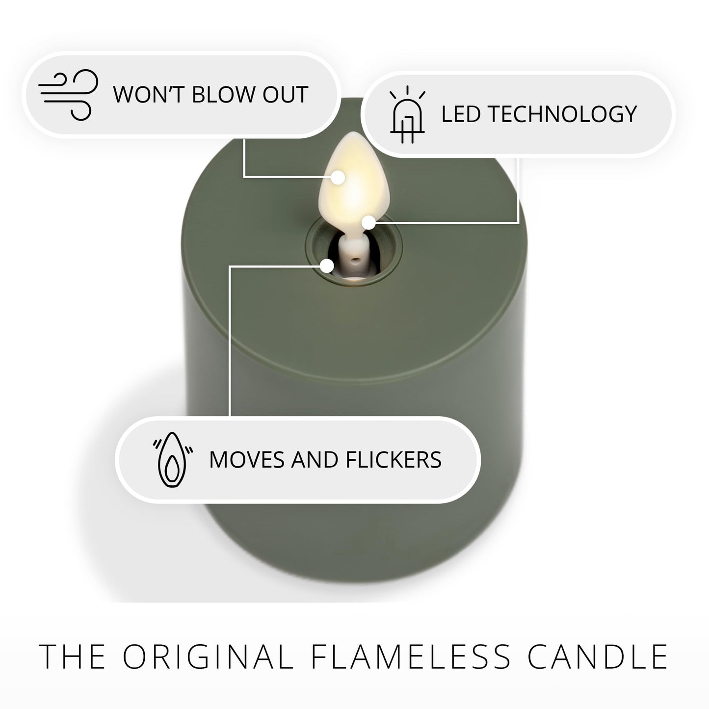 Luminara Loden Green Outdoor Moving Flame Votive Realistic LED Candle (2"x3.2"), IPX4 Flat Smooth Matte Plastic Finish, Battery Operated (2 AAA) Timer