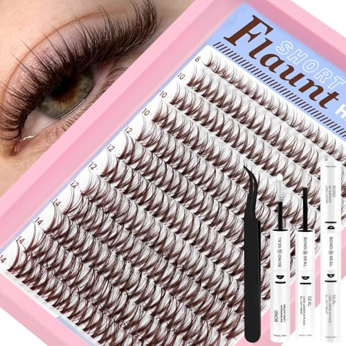 Brown Lash Clusters Kit Flaunt Lash Clusters Dark Brown Wispy Eyelash Clusters Eyelash Clusters Short Lash Cluster 8-14mm Cluster Eyelash Extensions Individual Lashes Cluster(Flaunt-Dark Brown)