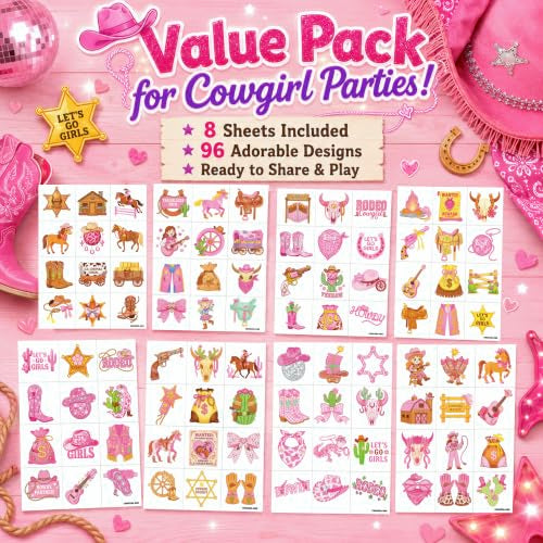 96 PCS Cowgirl Temporary Tattoos for Kids - Western Party Favors