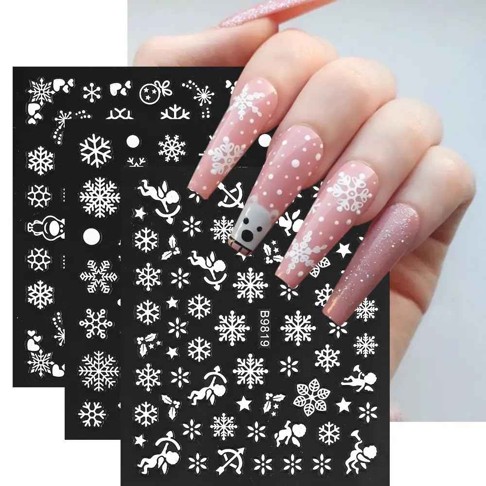 30 Sheets White Snowflake Nail Art Stickers 3D Christmas Decals - Snowman, Elk, Snow Winter Xmas Supplies for Women