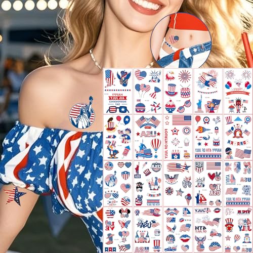 4th of July Temporary Tattoo Adults Fake Tattoos Independence Day Fourth of July Waterproof Body Art Stickers Red White Blue Memorial Decorations for Labor Day Party USA National Flag 20 Sheets