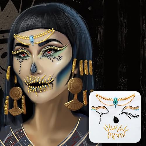 The Ghost Bride Skeleton Face Gems Jewels Halloween Temporary Face Tattoos Rhinestone Day of the Dead, Crystals Catrina Face Gems Stick on Halloween Prank Makeup Costume 2-Pack