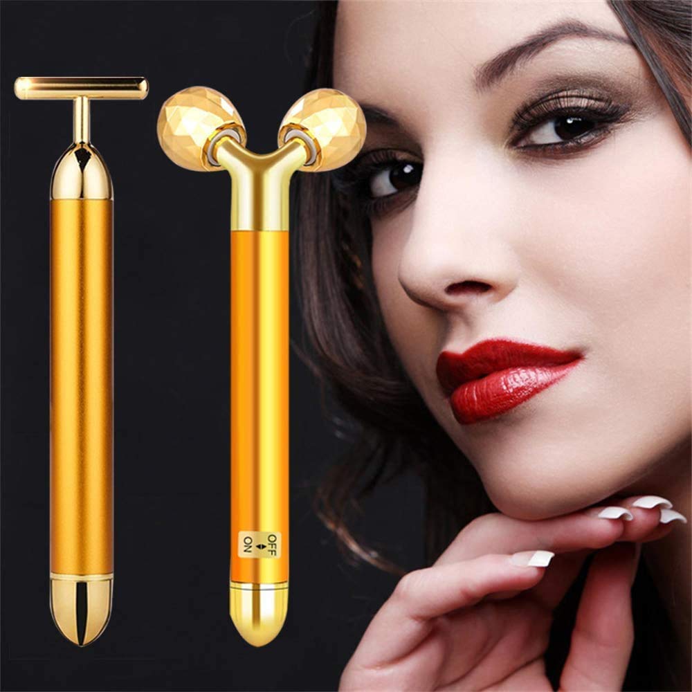 DANGSHAN 2-in-1 Electric Face Massager 24k Golden Facial Massager, 3D Roller and T Shape Facial Roller Massager Kit Skin Care Tools