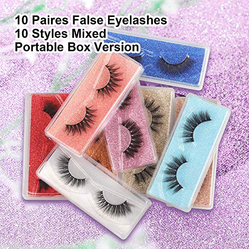 False Eyelashes Wispy 18 mm Natural 3D Faux Mink Lashes Pack 10 Pairs 10 Styles Mixed Soft Reusable Fake Eyelashes Bulk with Glitter Portable Boxes