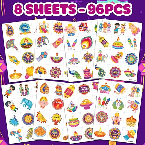 96 PCS Happy Diwali Pre-Cut Temporary Tattoos for Kids | Supper Cute Themed Birthday Party Favors, Supplies, Decorations, Diwali Festival Fake Tattoo Stickers, School Rewards Gifts for Boys & Girls