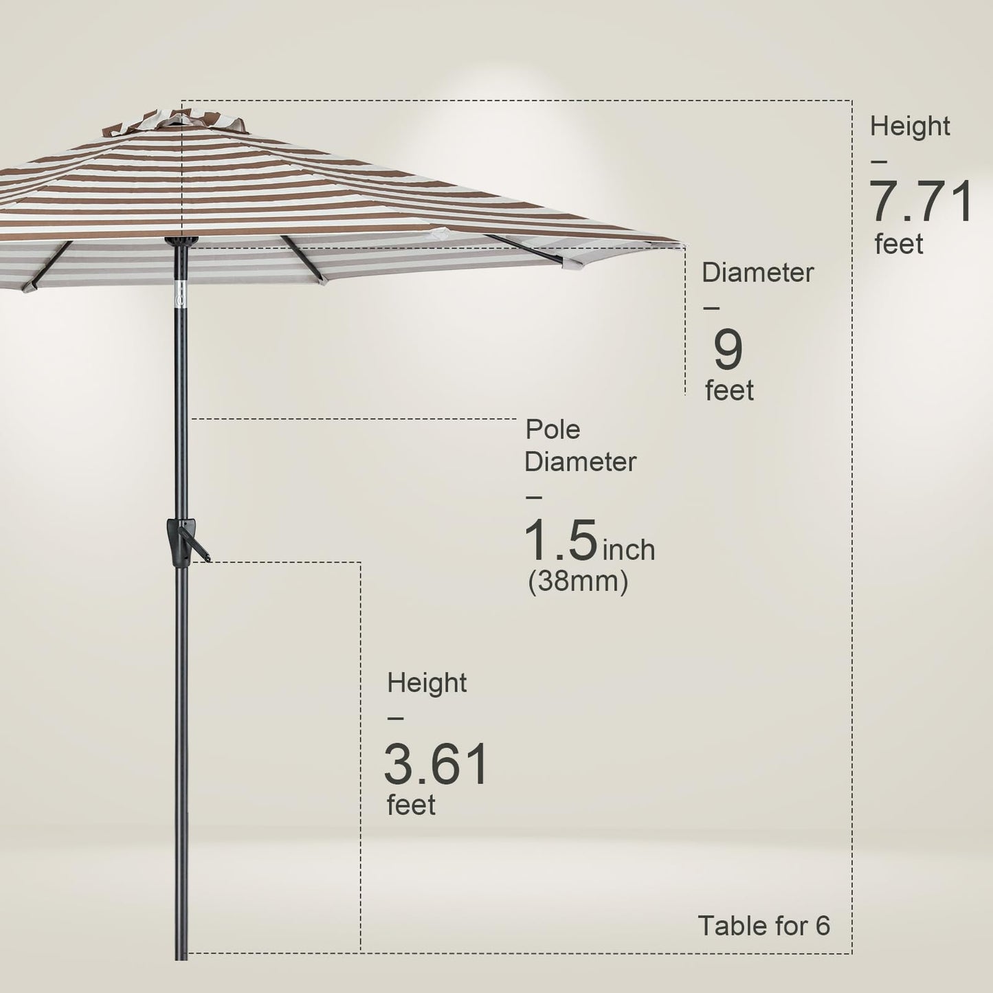 Tempera 9ft Patio Market Outdoor Table Umbrella with Push Button Tilt and Crank,Large Sun Umbrella with Sturdy Pole&Fade resistant canopy,Easy to set, Beige Taupe Stripe