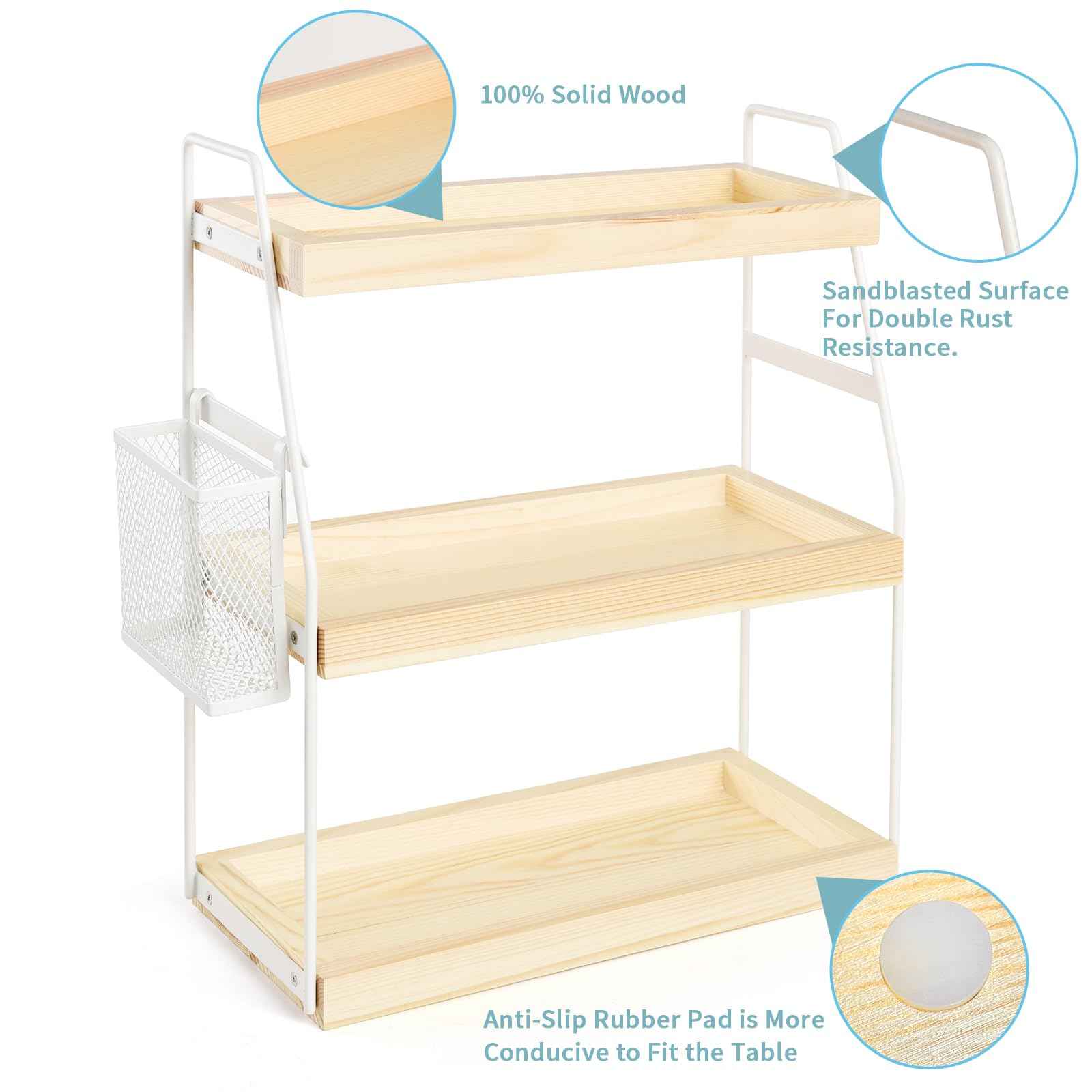 Bathroom Counter Organizer, 3-Tier Standing Storage Shelf with Basket, Wood Tray for Skincare Vanity Organizer(White)