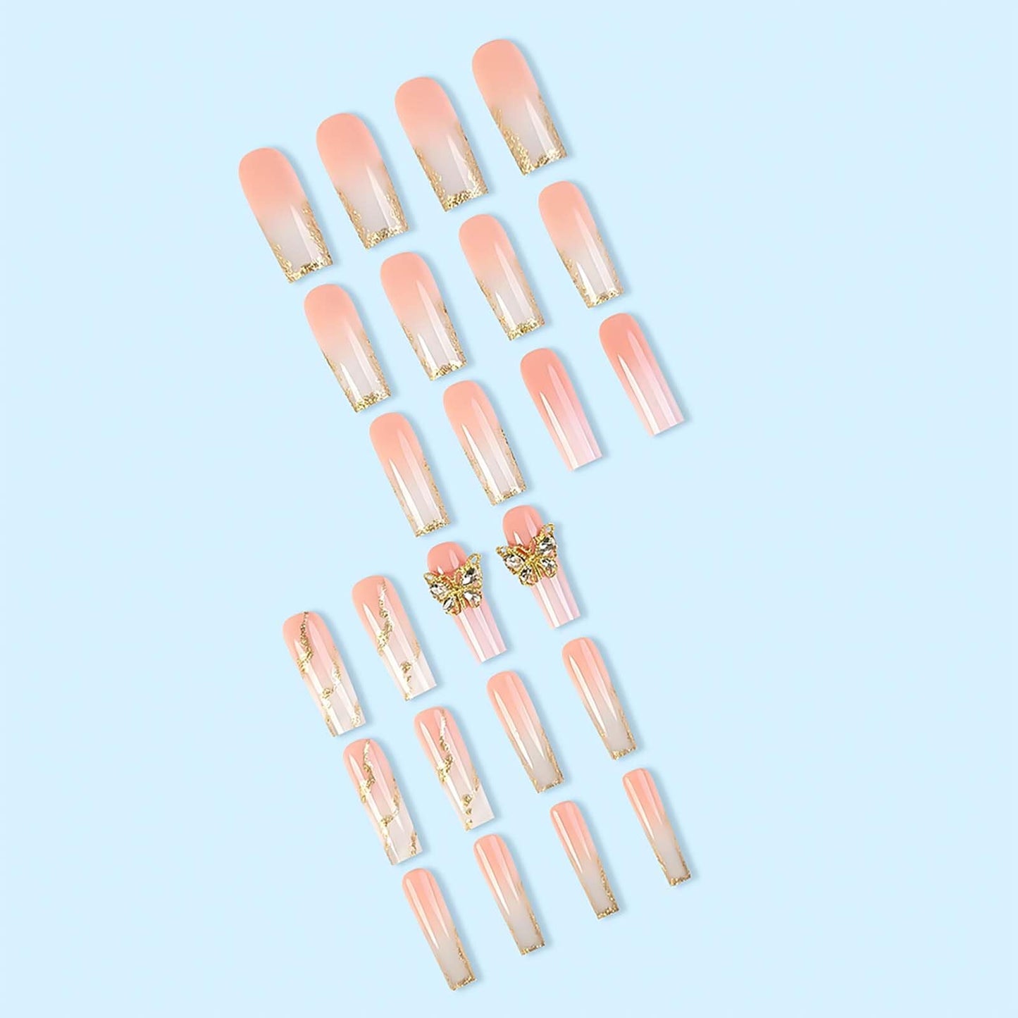 RUOKEXIN Nail Press ons Long Press on Nails Coffin Fake Fingernails Glossy Ombre Acrylic False Nails with 3D Butterfly Designs Gold Glitter Powder Artificial Nails Stick on Nails for Women 24Pcs