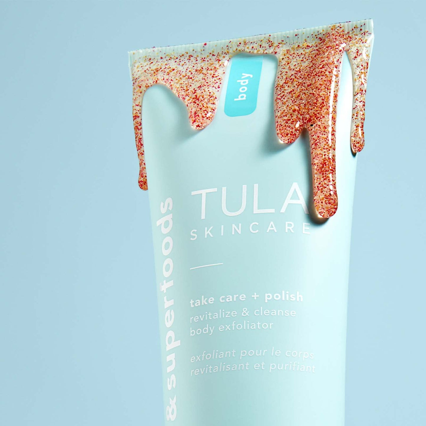 TULA Skin Care Take Care + Polish - Revitalize & Cleanse Body Exfoliator, 2-in-1, Buffs Away Dull Skin & Improves Skin Texture, Contains AHAs, Lemon, and Hibiscus, 8.1 fl oz.